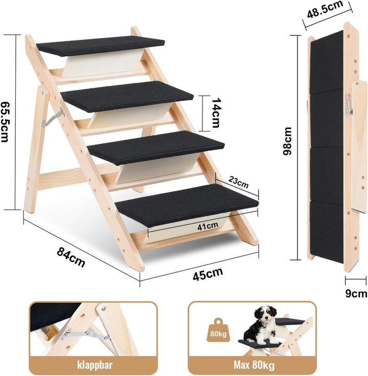 Hundetreppe 2 in 1 Hunderampe, Klappbare Haustiertreppe 65,5cm Hoch, 4-Stufig Faltbare Katzentreppe,