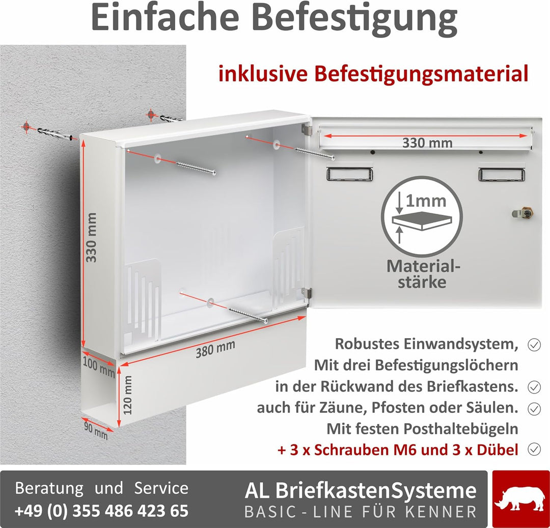 AL Briefkasten Systeme Basic 1er Briefkasten mit Zeitungsfach in RAL 9016 Verkehrsweiss 1 Fach DIN A