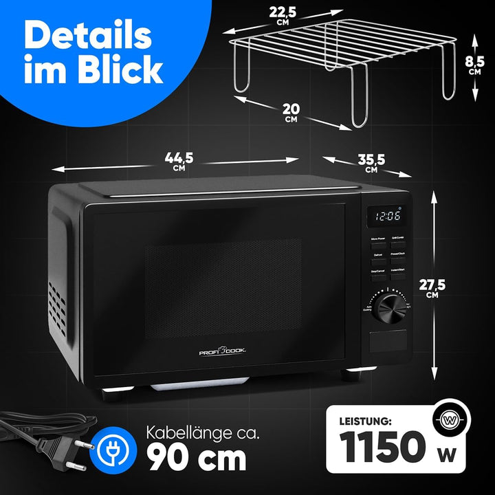 ProfiCook Mikrowelle mit Grill 20L | Mikrowelle ohne Drehteller für gleichmässige Wärmeverteilung |