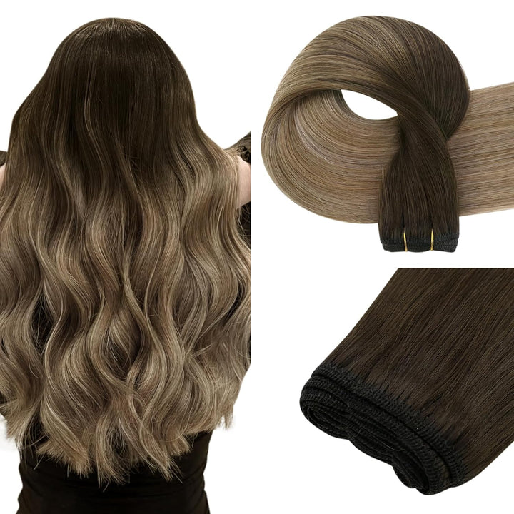 Easyouth Tressen Extension Echthaar Weave on Human Hair Tressen Farbe Dunkelste Braune Mischung Mitt