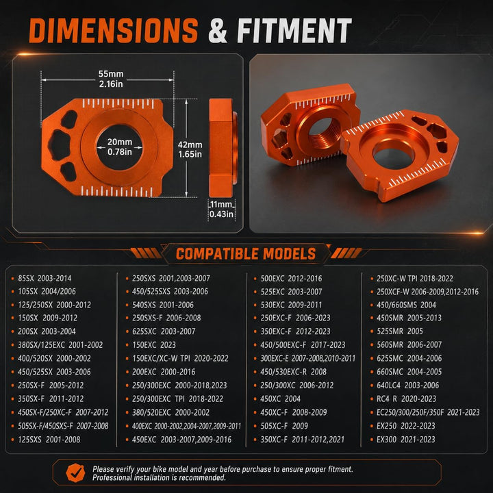 Motorrad-Hinterachsblock,Motorrad CNC Aluminium Hinterachsblock Kettenversteller für 85SX 125-450 SX
