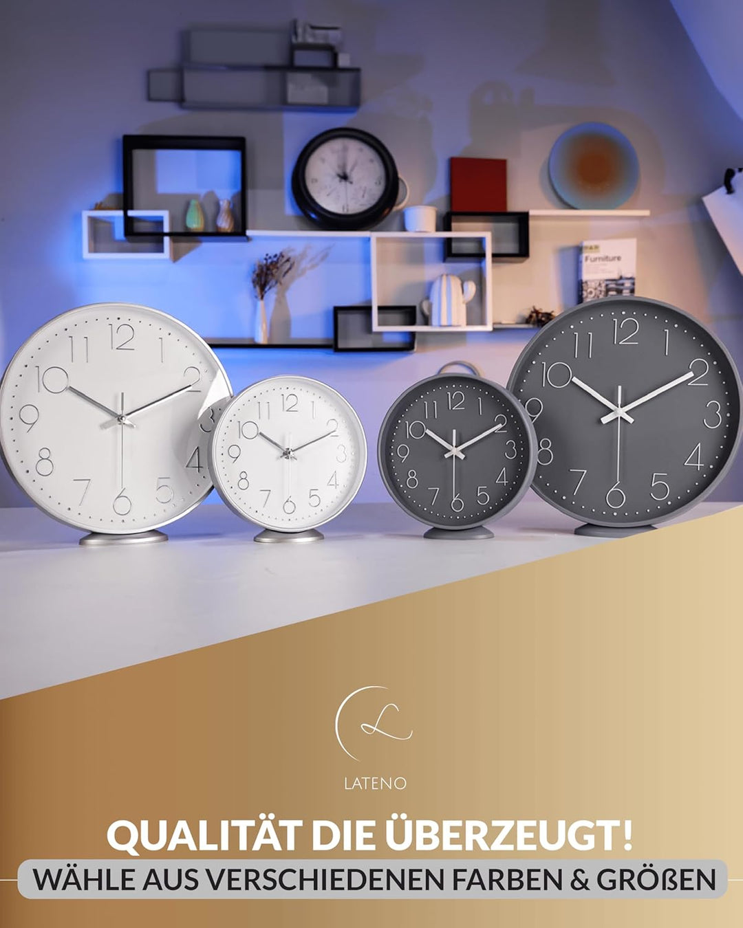 LATENO - Wanduhr zum aufstellen oder aufhängen - grau 30 cm - lautlos - klassisch und modern - Wandu