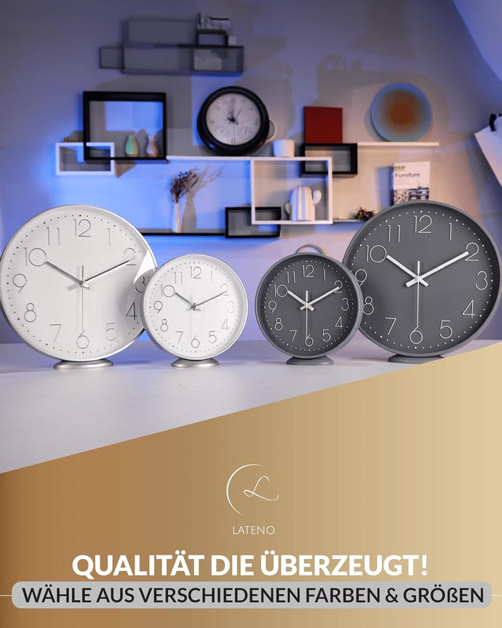 LATENO - Wanduhr zum aufstellen oder aufhängen - grau 30 cm - lautlos - klassisch und modern - Wandu