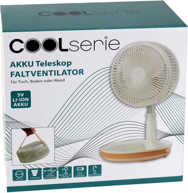 Teleskop Ventilator COOL faltbar 20 cm mit 5 Volt Akku weiss