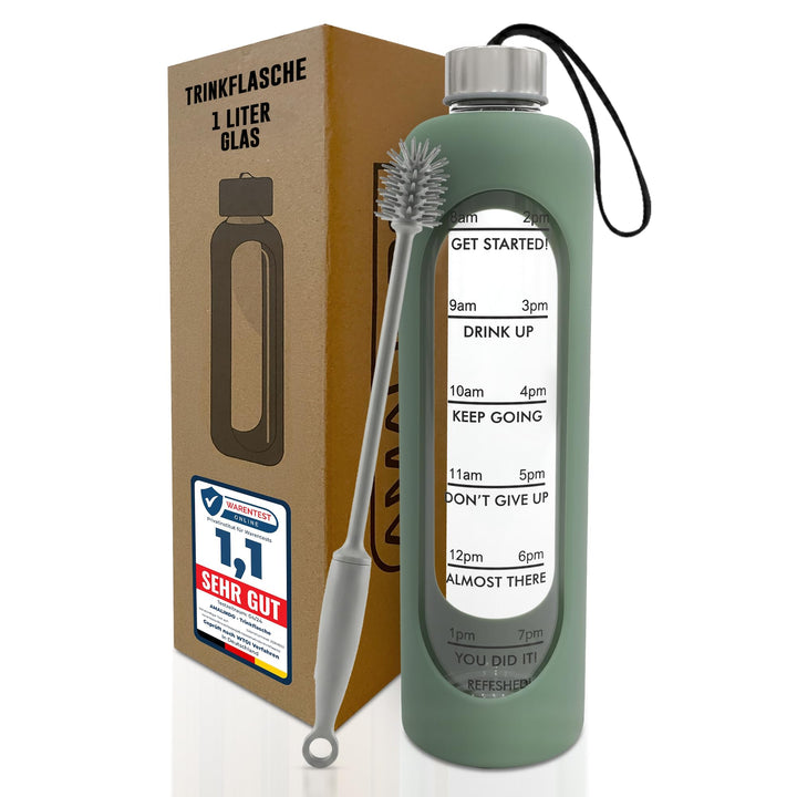 Trinkflasche Glas 1L – kohlensäuregeeignet – mit Bürste & Silikonhülle – Olivgrün