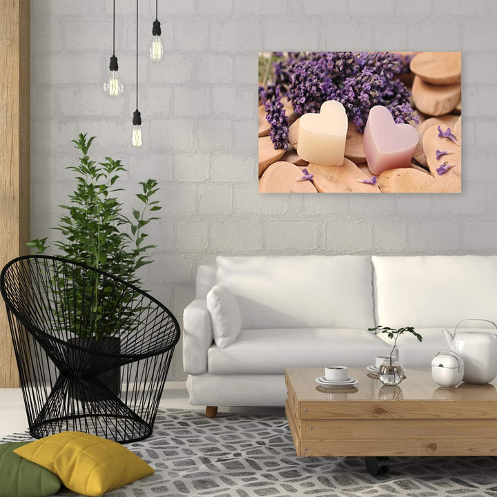 Feeby Vlies Leinwandbild Herzen Lavendel Blumen 80x60 cm Wand Bild Kunstdruck Deko Wohnzimmer Wohnun