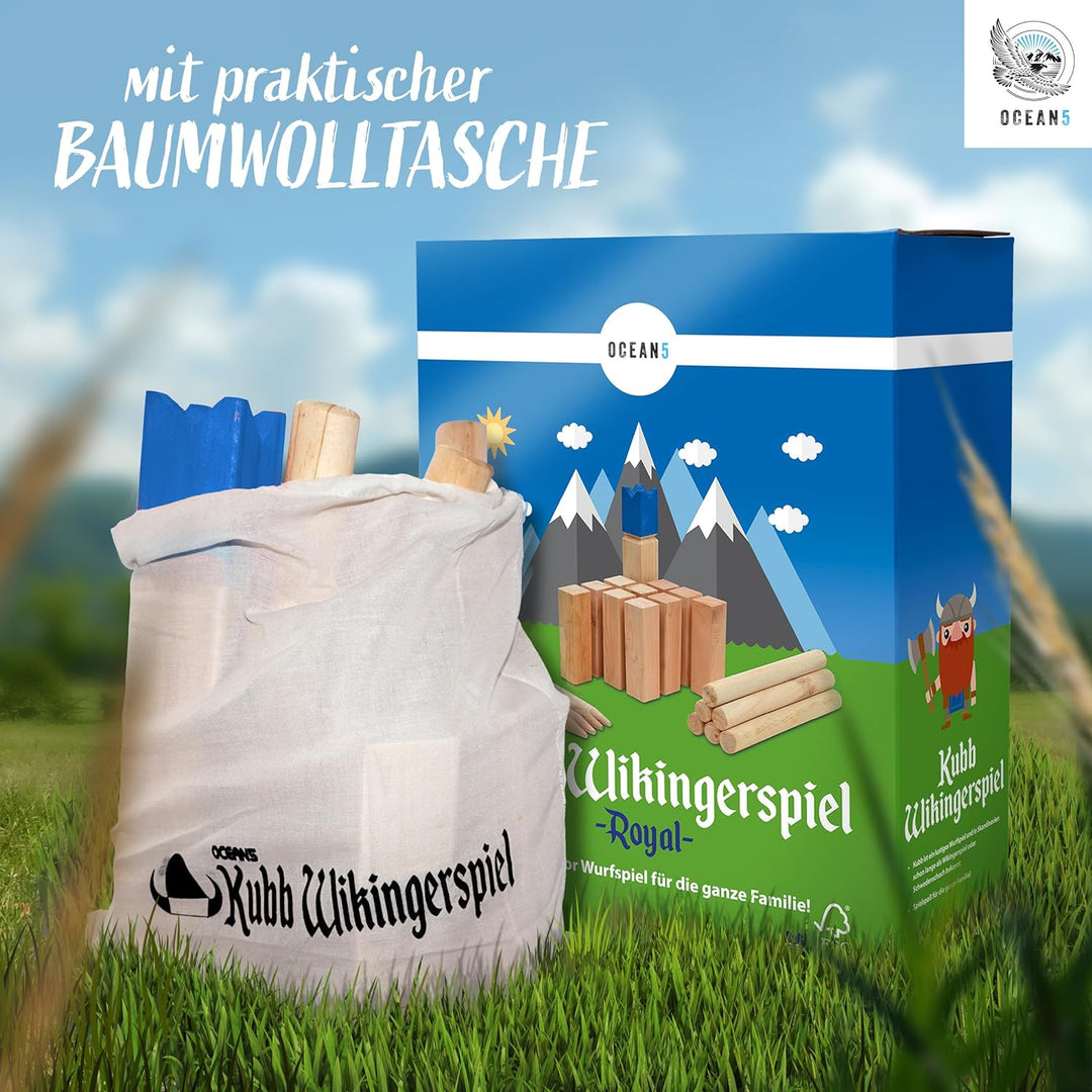Ocean 5 Kubb - Original Wikinger Spiel | Premium Holzspiel im Stoffbeutel mit massiven Figuren | Sch