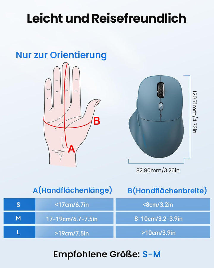 TECKNET Bluetooth Maus Wiederaufladbar, Ergonomische Daumenauflage Blau, Blau