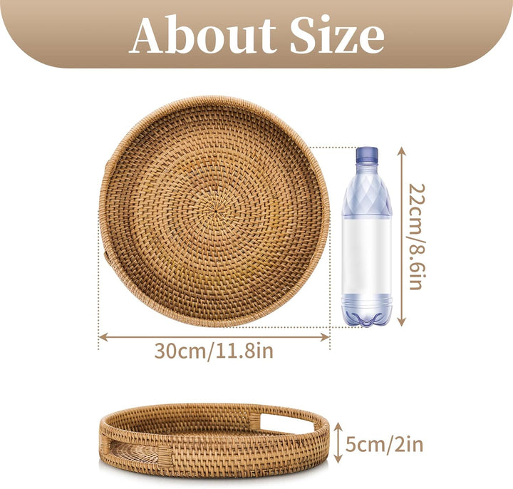 Sziqiqi Rattan Serviertablett mit Griffen 30cm Handgewebtes Wicker-Tablett Rattan-Tablett Rustikales