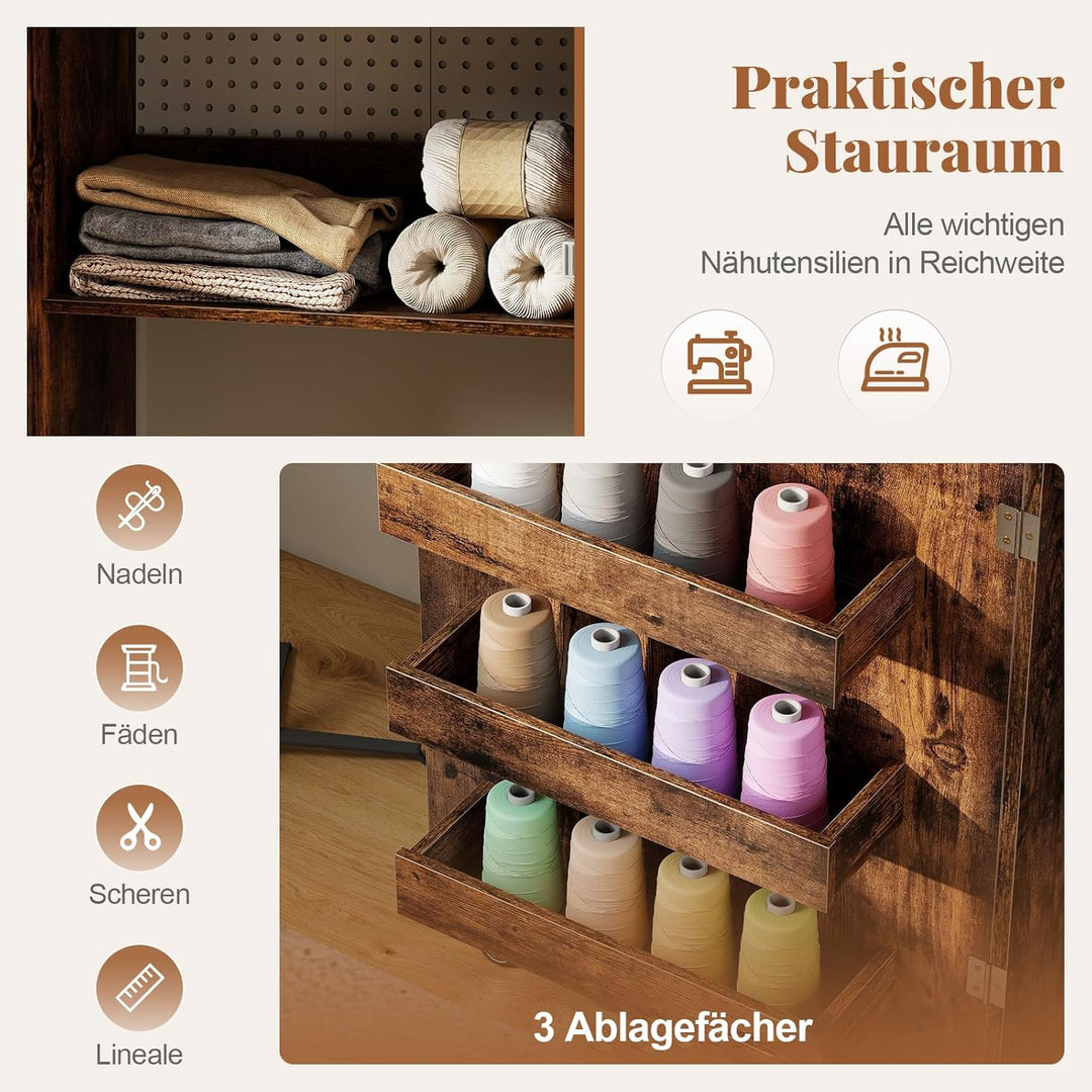 COSTWAY 2 in 1 Nähtisch klappbar mit Ladestation, Nähmaschinenschrank aus Holz mit Regalen, Nähschra