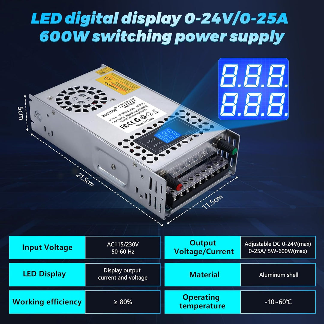 BOSYTRO Einstellbar Schaltnetzteil AC 110V/220V to DC 0-24V Transformator 25A 600W Spannung Digitala