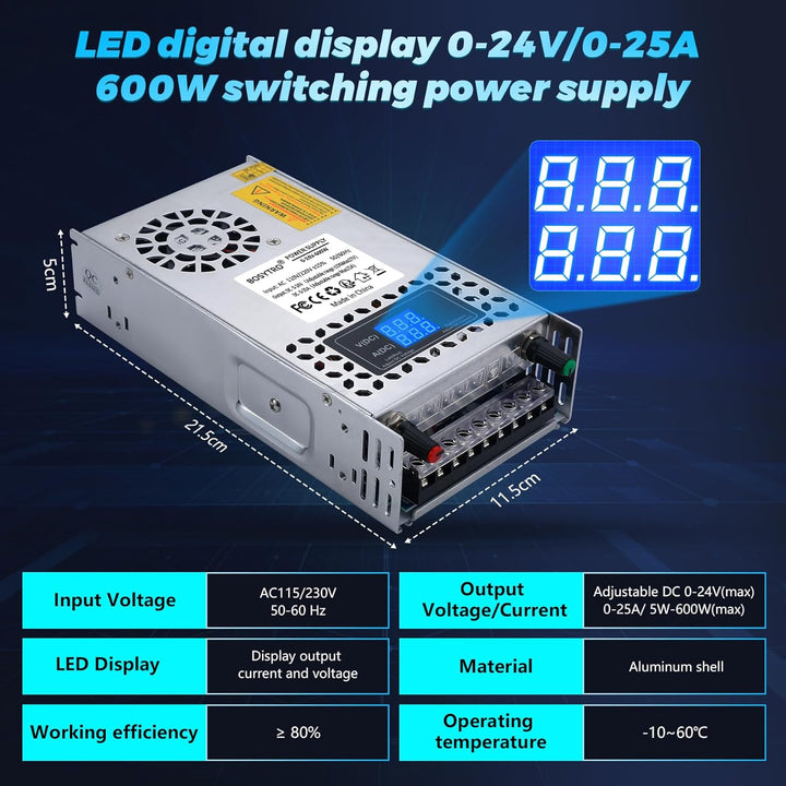BOSYTRO Einstellbar Schaltnetzteil AC 110V/220V to DC 0-24V Transformator 25A 600W Spannung Digitala