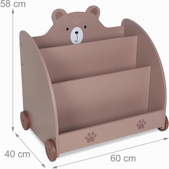 Relaxdays Bücherregal Kinder, Bärenmotiv, HBT: 58x60x40 cm, mit Rollen, abgerundete Ecken, Spielzeug