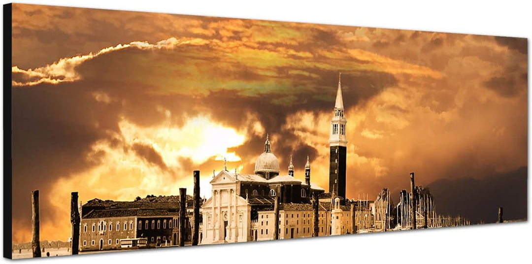 Paul Sinus Art Panoramabild auf Leinwand und Keilrahmen 120x40cm Venedig Gondeln Wasser Sonnenunterg