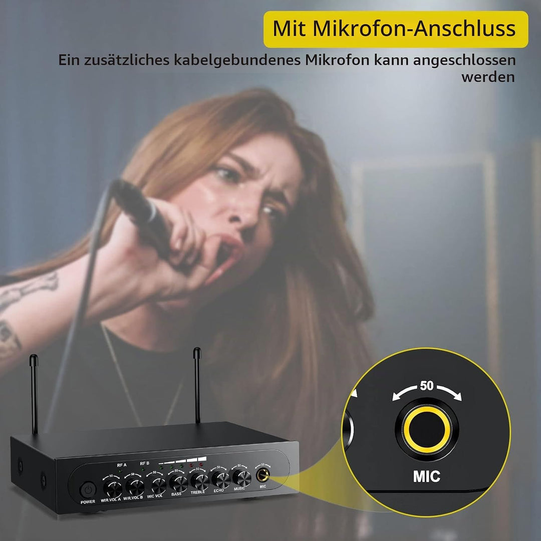 PROZOR UHF Funkmikrofon Set 2X Drahtlos Dynamisch Mikrofone + 2-Kanal UHF Empfänger Festfrequenz Blu