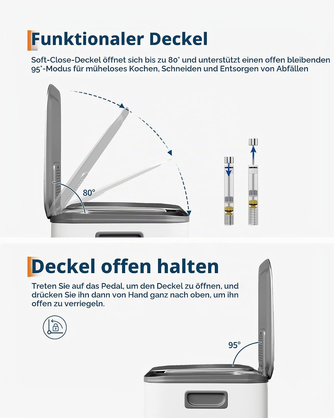 GarveeHome Mülleimer Küche, 2 x 30 L, Mülltrennsystem 2 Fächer, Metall-Tretmülleimer mit Seitlichem