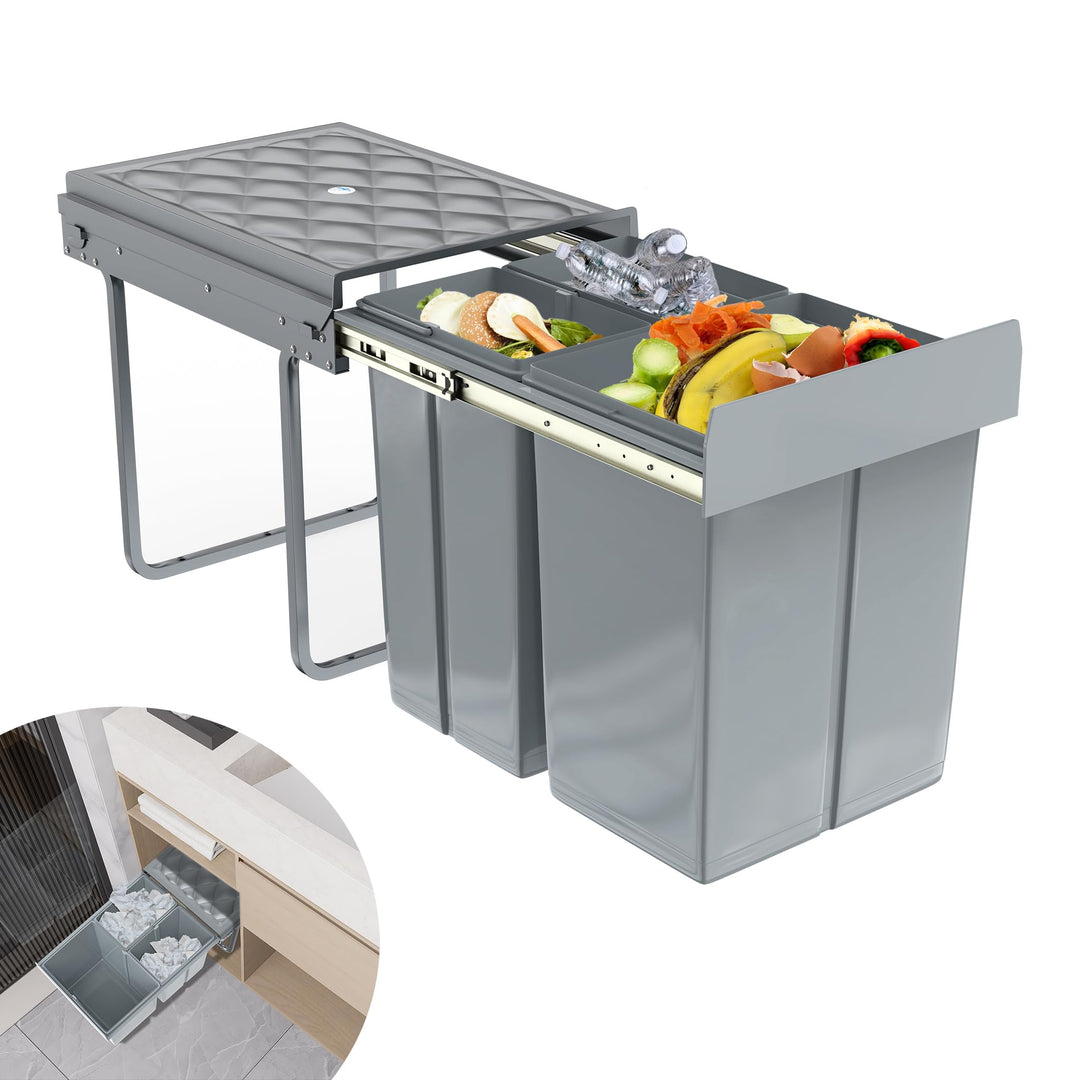 Grau 2 x 10L + 1 x 20L Einbaumülleimer Mülltrennsystem Ausziehbar Mehrfachbehälter Abfallsammler Sch