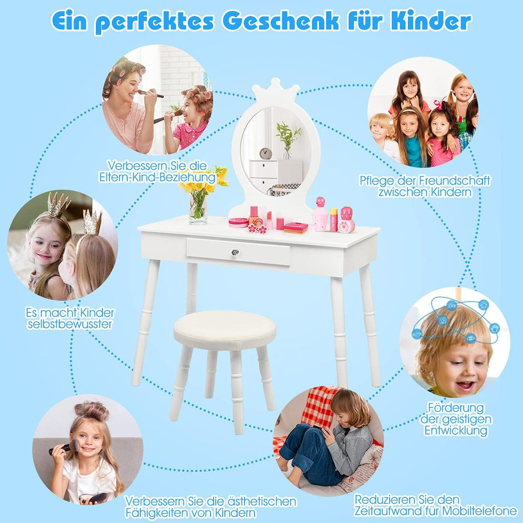GOPLUS Kinder Schminktisch mit Hocker, Mädchen Frisiertisch mit Spiegel, Kosmetiktisch Kinder mit Sc