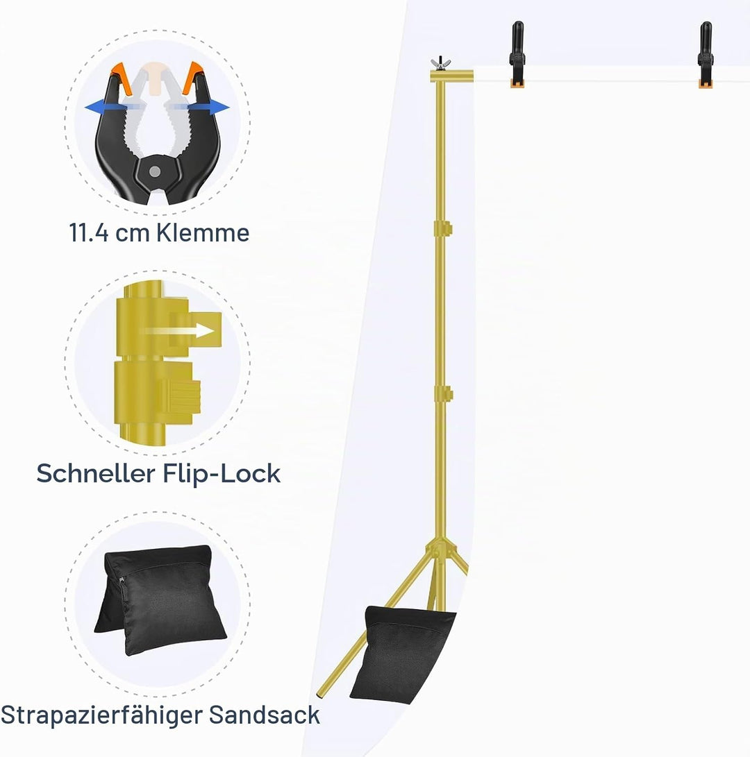 EMART Goldener Foto Hintergrund Ständer, 2x3m Verstellbarer Hintergrundsystem mit 8 Hintergrundklemm