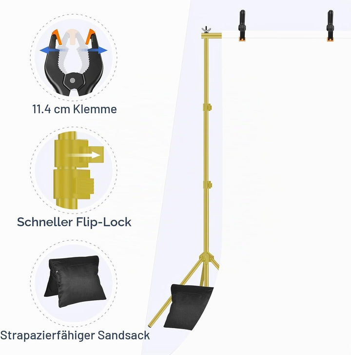 EMART Goldener Foto Hintergrund Ständer, 2x3m Verstellbarer Hintergrundsystem mit 8 Hintergrundklemm