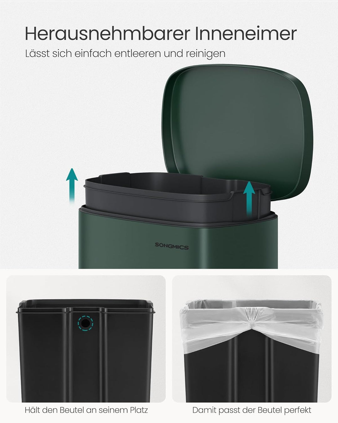 SONGMICS Mülleimer Küche, 50 Liter, Abfalleimer, Treteimer, mit Deckel, Softclose, Fusspedal, Stahl,