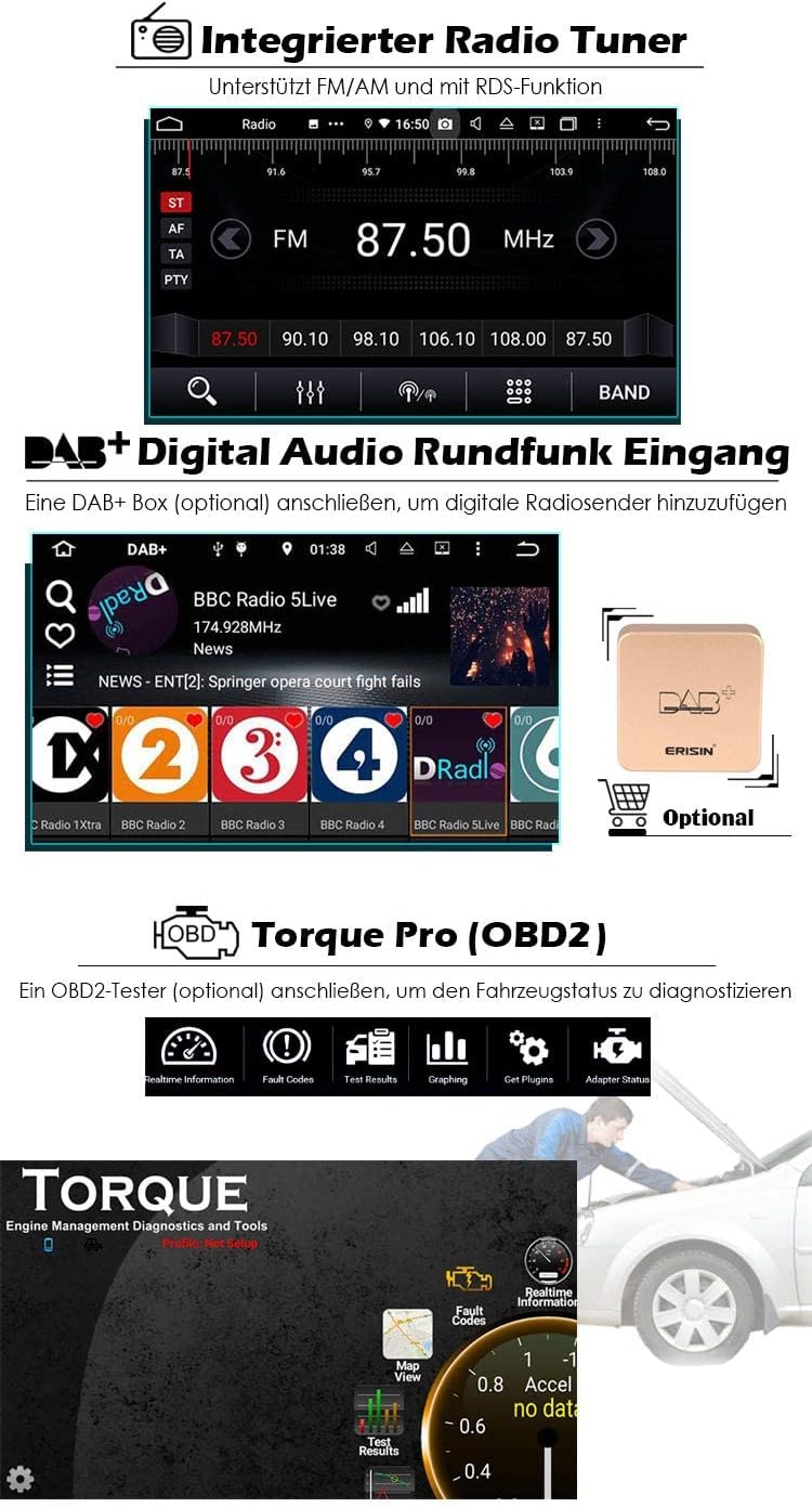 Erisin 8-Kern 4GB RAM 64GB ROM Android 11 Autoradio Bluetooth für Alfa Romeo Mito, Autoradio mit Nav