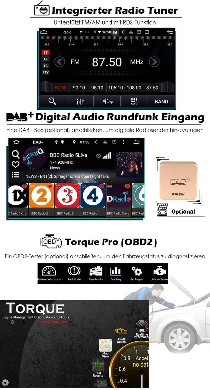 Erisin 8-Kern 4GB RAM 64GB ROM Android 11 Autoradio Bluetooth für Alfa Romeo Mito, Autoradio mit Nav