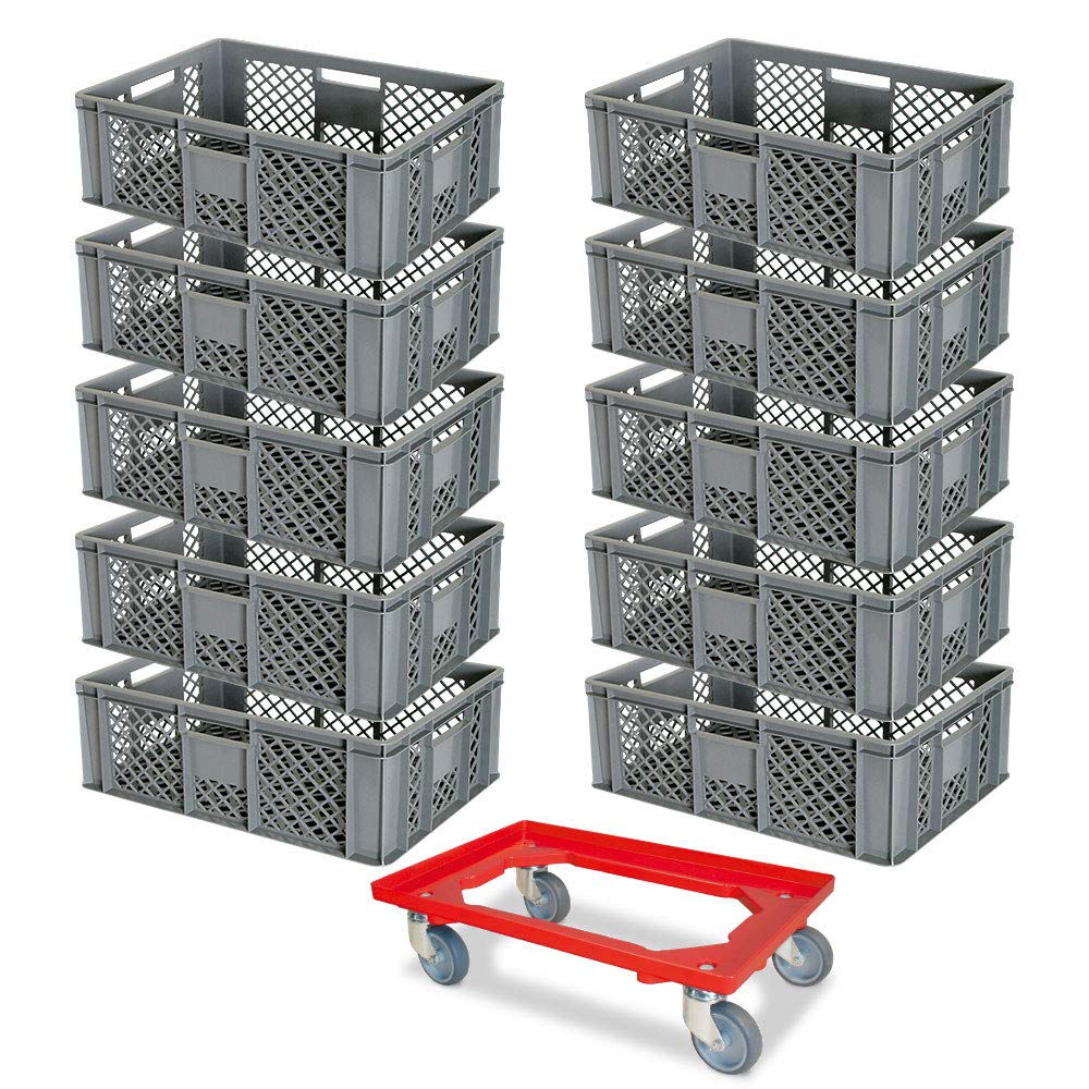 10 Eurobehälter, LxBxH 600x400x240 mm, lebensmittelecht, grau + 1 Transportroller, rot