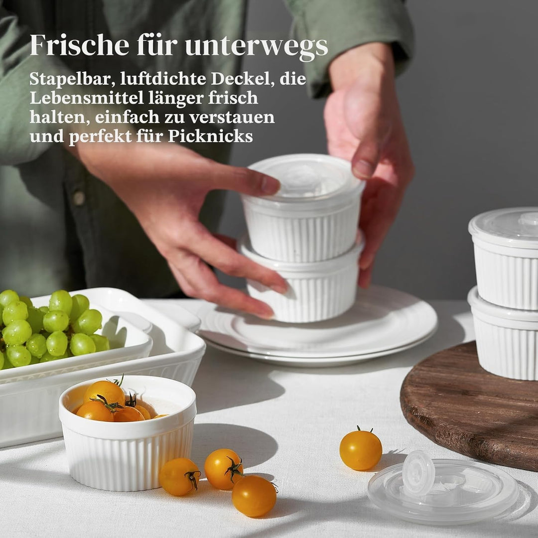 DOWAN Creme Brulee Schälchen Set mit Deckel, 6 X 235 ml Antihaft Souffle Förmchen Backofenfest, Porz