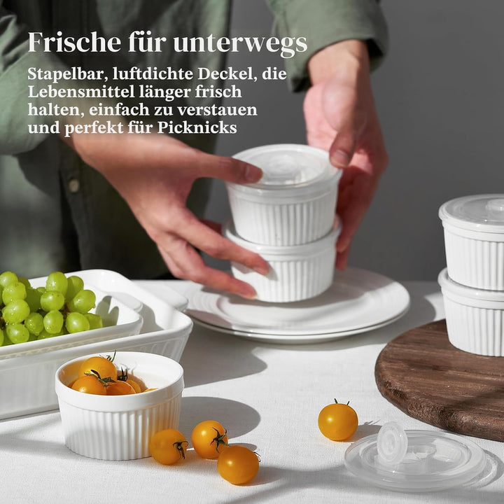 DOWAN Creme Brulee Schälchen Set mit Deckel, 6 X 235 ml Antihaft Souffle Förmchen Backofenfest, Porz