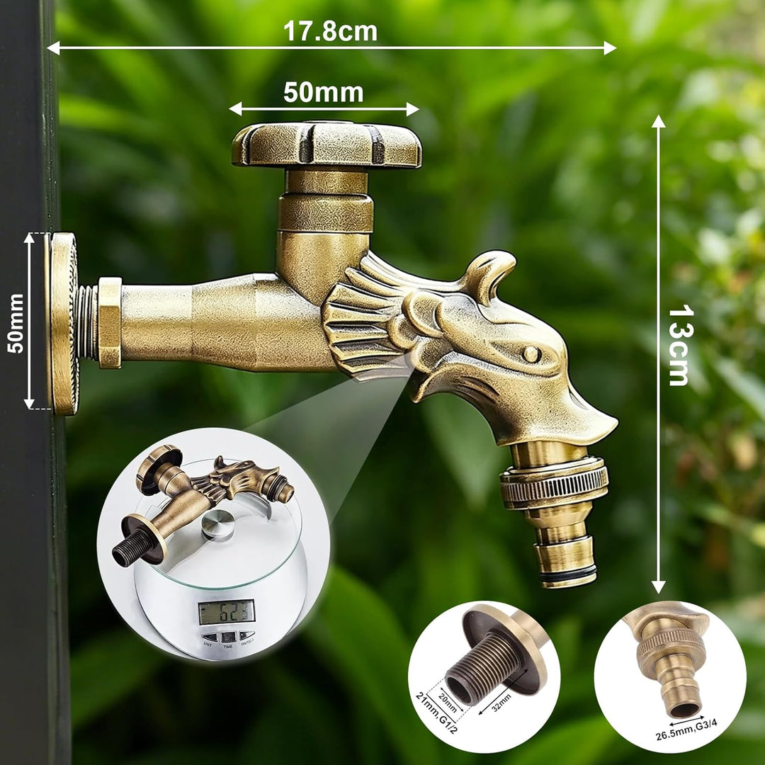 Gartenwasserhahn Antik, Vintage Messing Wasserhahn mit Langem Gewinde G1/2 für Wandmontage Küche Bad