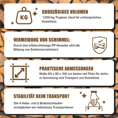 Kaminholz Bag Woodbag Firewoodbag Brennholz luftdurchlässige BigBag Holzsack Holzbag Big Bag 80 x 95