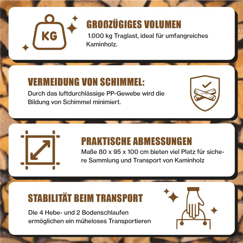 Kaminholz Bag Woodbag Firewoodbag Brennholz luftdurchlässige BigBag Holzsack Holzbag Big Bag 80 x 95
