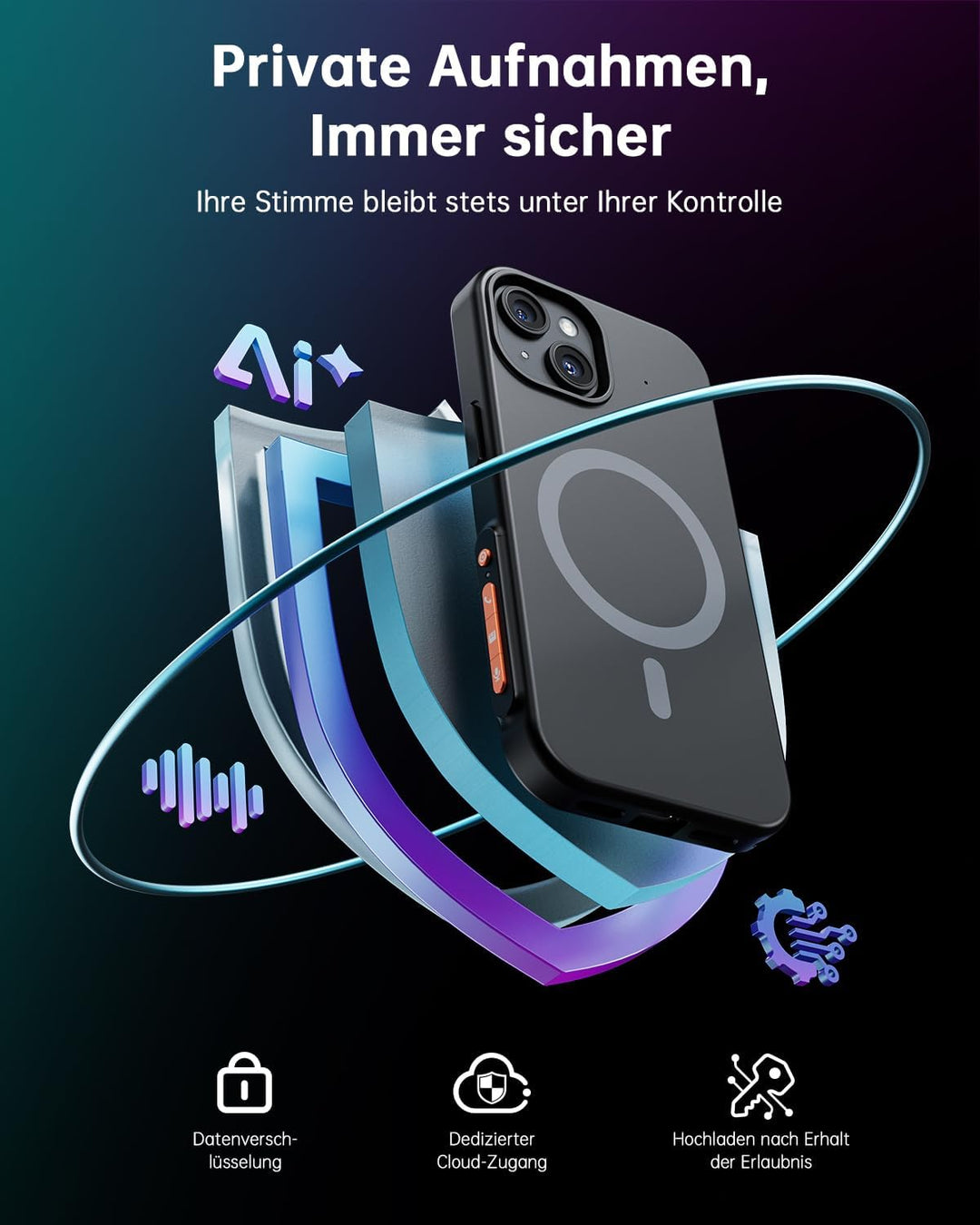 NUASI KI Digitales Diktiergerät mit Handyhülle, App-Steuerung, über 80+ Sprachen, Transkribieren und