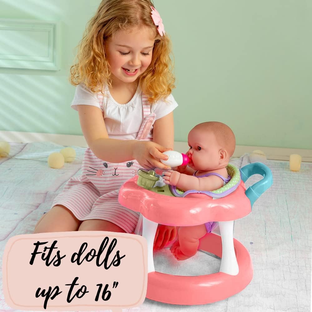 JC Toys - Rollator für Puppen bis 43 cm, mit Rädern, + 6 Zubehörteile, Rosa, ab 2 Jahren