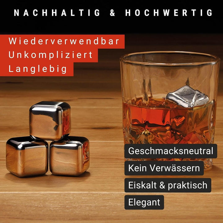 WOMA Whisky Steine Set I 8 Kühlwürfel aus Basalt inkl. Samtbeutel, 4 Whiskey Gläser & hochwertiger H
