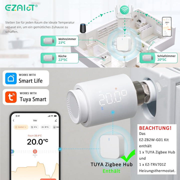 EZAIoT Smart Heizkörperthermostat – TRV Zigbee Tuya Kit mit Gateway/Hub für programmierbare App-Funk