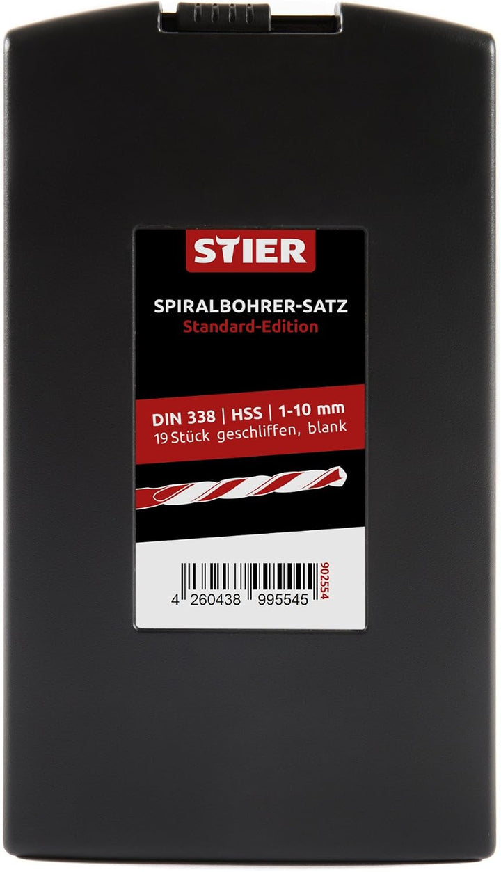 STIER Spiralbohrer Set HSS-G, 19-teilig, Metallbohrer Satz, Stahlbohrer Satz, alle gängigen Grössen,