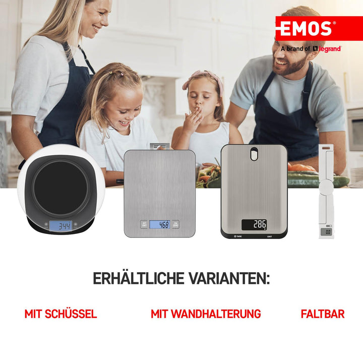 EMOS EV023 Küchenwaage aus Edelstahl mit Wandaufhängung/Digitalwaage mit beleuchtetem LCD Display/Ta