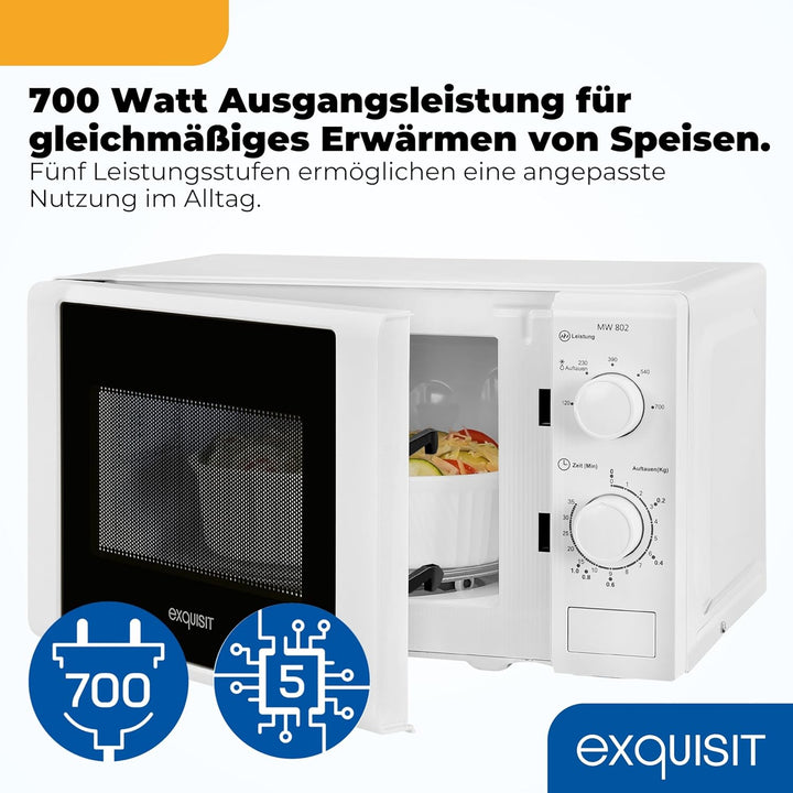 Exquisit Mikrowelle MW 802 | 700 W Leistung | 20 L Garraum | kompakte Mikrowelle mit Edelstahl Innen