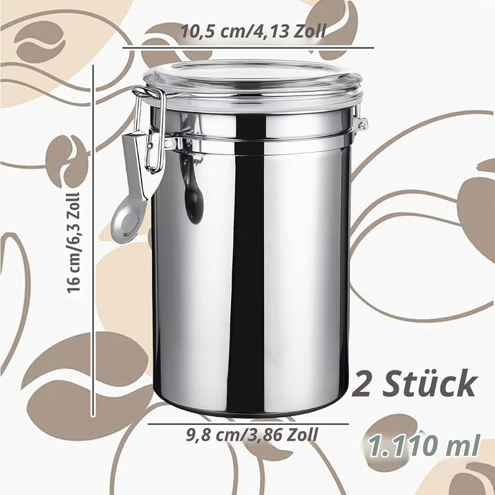 2 Stück Kaffeedose Luftdicht mit Deckel, 1110ML Edelstahl Kaffeebohnen Behälter, Kaffeebohnenbehälte