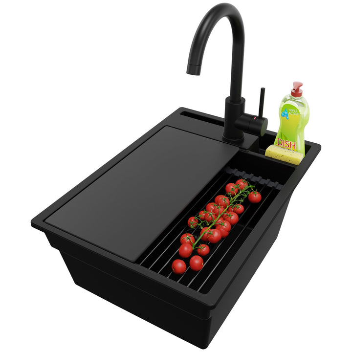 PRIMAGRAN Spülbecken Alles Schwarz - Oslo Pocket, 38x53cm | Granitspüle 1 Becken + Zuberhor-Set, Küc