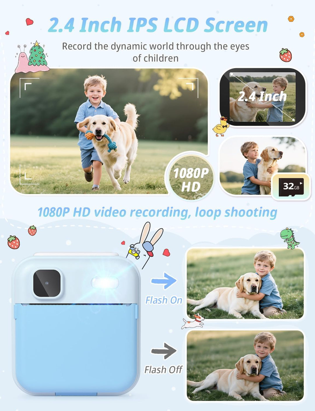 YOHOOLYO Sofortbildkamera Kinder 2,4 Zoll 1080P HD Kinderkamera mit 3 Rollen Druckpapier 32GB Karte