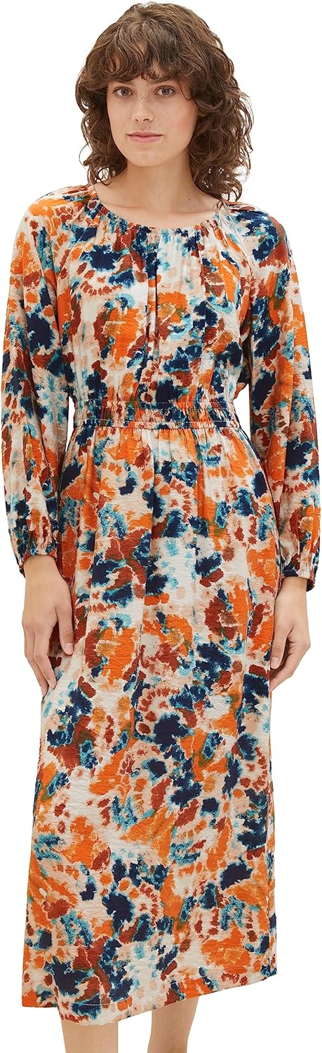 TOM TAILOR Damen Maxikleid mit Raffung 44 32367-grey Orange Tie Dye Floral, 44 32367-grey Orange Tie