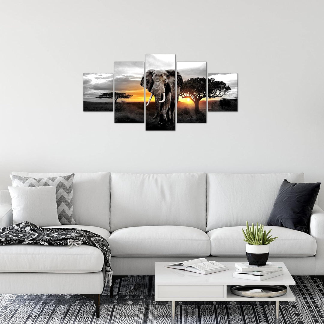 Runa Art Wandbilder Afrika Elefant 5 Teilig Bild auf Vlies Leinwand Deko Wohnzimmer Schlafzimmer Pan
