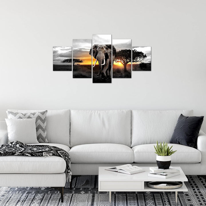 Runa Art Wandbilder Afrika Elefant 5 Teilig Bild auf Vlies Leinwand Deko Wohnzimmer Schlafzimmer Pan