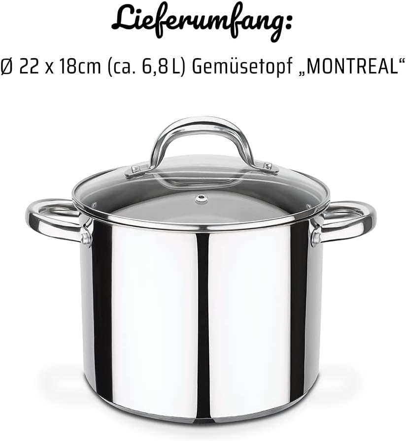 GSW 990196 Montreal Gemüsetopf mit Glasdeckel 22cm / ca. 6,8 Liter, Edelstahl, silber, 22 cm, 2