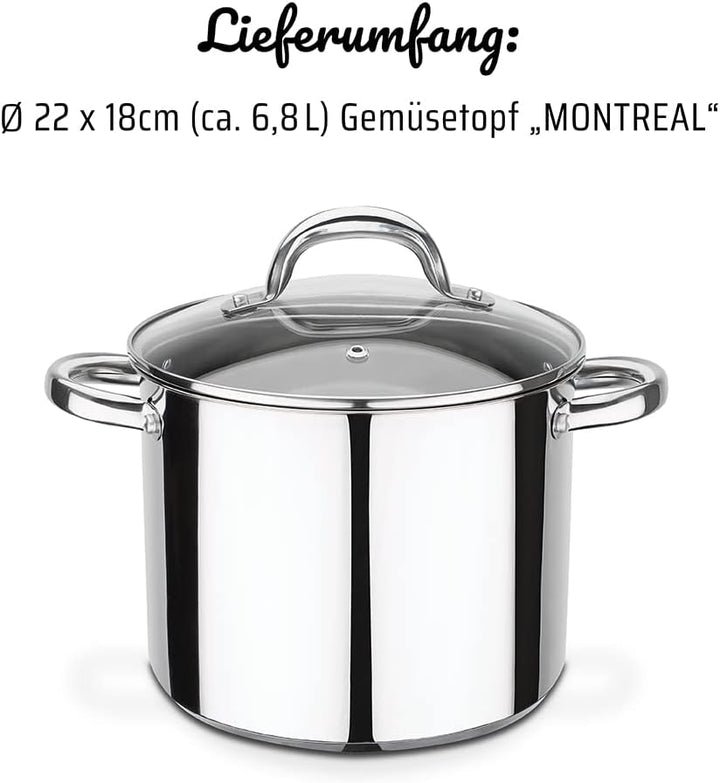 GSW 990196 Montreal Gemüsetopf mit Glasdeckel 22cm / ca. 6,8 Liter, Edelstahl, silber, 22 cm, 2