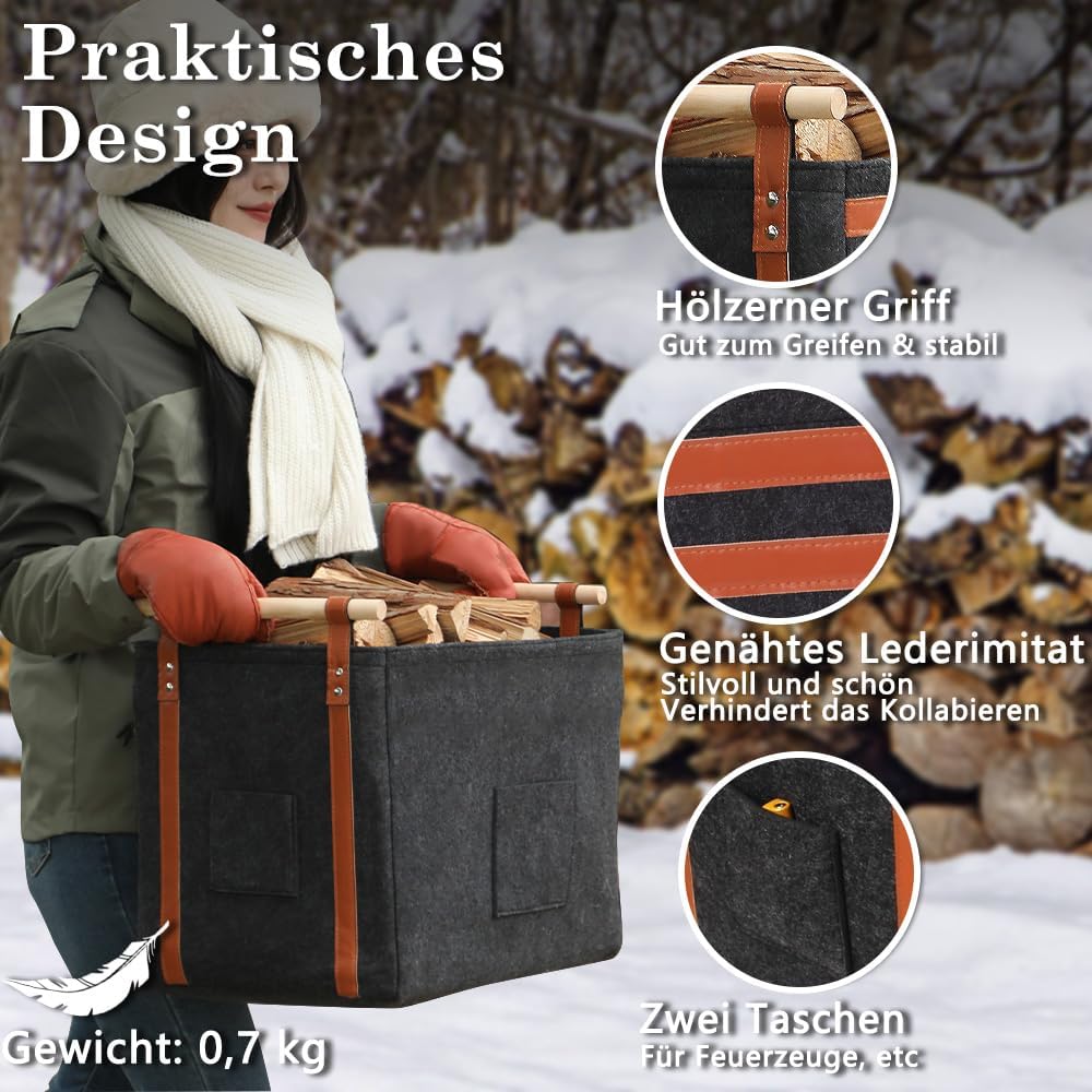 Pynhoklm® Kaminholzkorb 60L Holzkorb für Kaminholz 4mm dicker Filzkorb Brennholzkorb Kaminkorb mit H