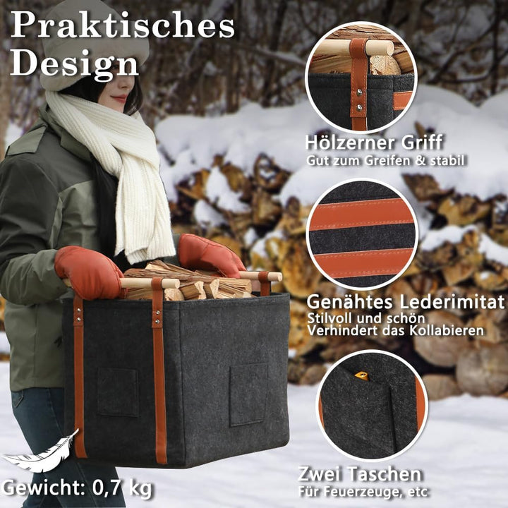 Pynhoklm® Kaminholzkorb 60L Holzkorb für Kaminholz 4mm dicker Filzkorb Brennholzkorb Kaminkorb mit H